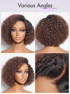 LUVME HAIR 8 Inch Kinky Curly Ombre Brown Bob Wig Human Hair Pre Cut Glueless HD Lace Closure Wig, Natural Black with Brown Side Parted Short Curly Wigs For Women