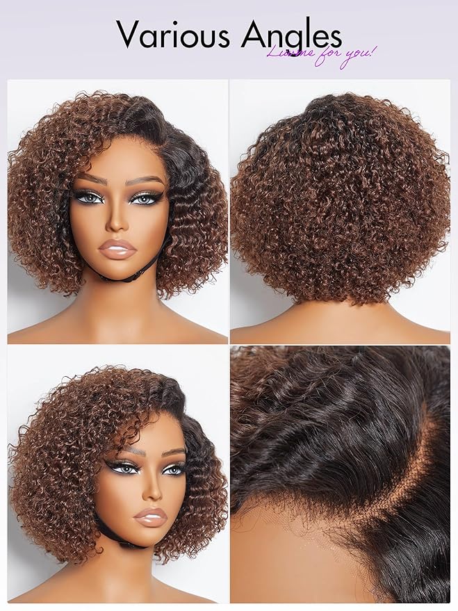 LUVME HAIR 8 Inch Kinky Curly Ombre Brown Bob Wig Human Hair Pre Cut Glueless HD Lace Closure Wig, Natural Black with Brown Side Parted Short Curly Wigs For Women
