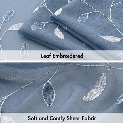 MIULEE Dusty Blue Sheer Curtains 2 Panels Leaf Patterned, W52 x L96 | - Image 4