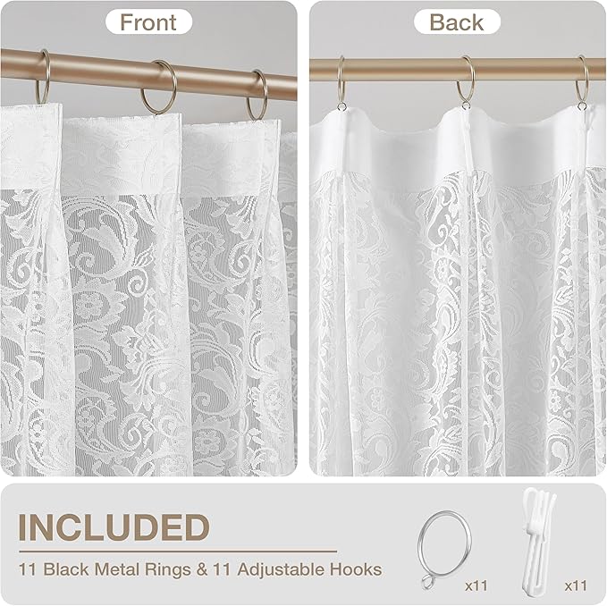 Bujasso White Lace Pinch Pleat Curtains 96 inch, Vintage Floral Sheer Drapes - Image 3