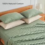 JELLYMONI 100% Natural Cotton Striped King Pillowcases Set, 2 Pack Green and White Stripes Pattern Printed Pillow Covers with Envelope Closure(Pillows are not Included)