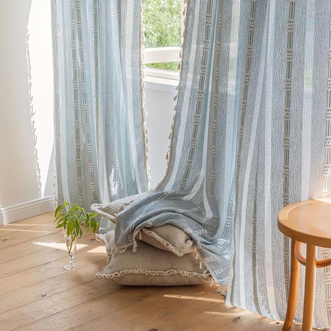 Boho Embroidery Striped Farmhouse Curtains by BCLBUSTE