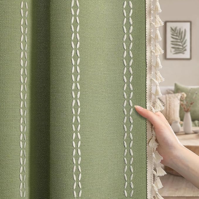 Olive Green 100% Boho Blackout Curtains 84 Inch 2 Panels | Vintage Farmhouse by Unknown