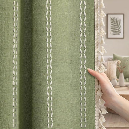 Olive Green 100% Boho Blackout Curtains 84 Inch 2 Panels | Vintage Farmhouse by Unknown