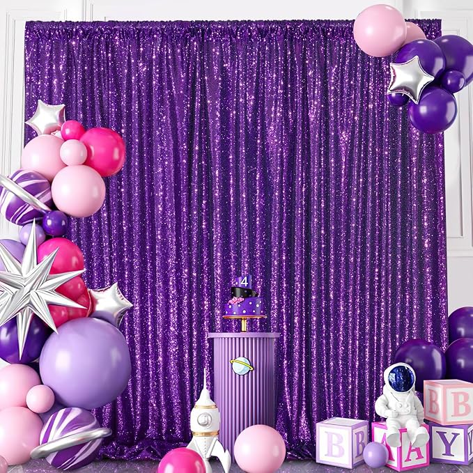 Purple Sequin Backdrop 2 Pieces 2ftx8ft Wedding Glitter Curtain Backdrop Arch - Image 8