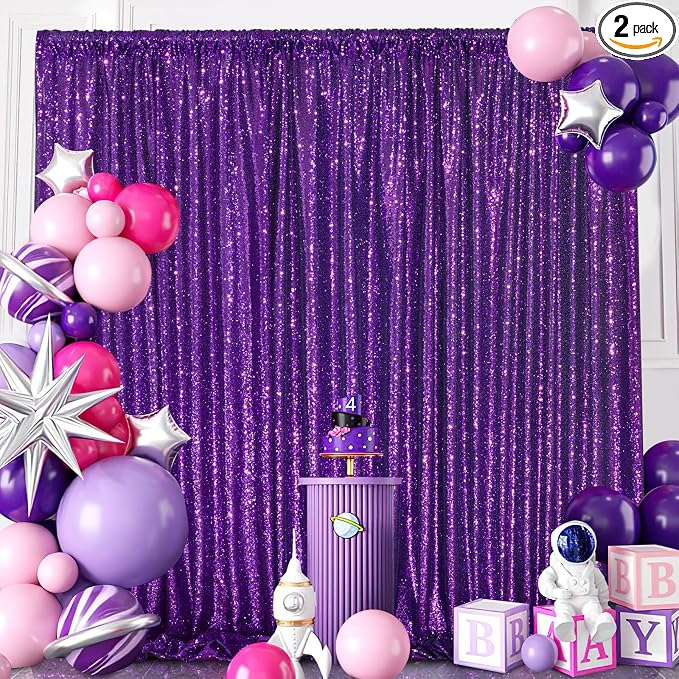 Purple Sequin Backdrop 2 Pcs 5FTx10FT Wedding Glitter Curtain Backdrop Arch by SoarDream