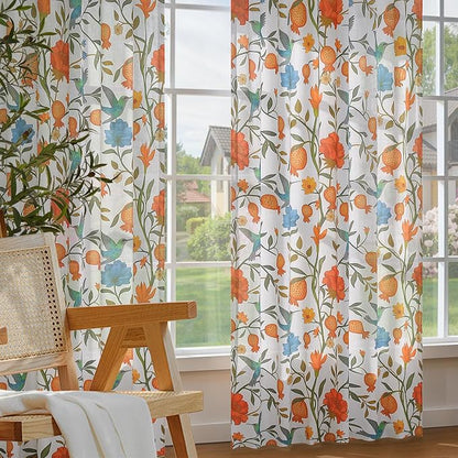 90 Inch Boho Floral Curtains Tropical Bird Print Linen Semi Sheer Window Drapes - Image 6
