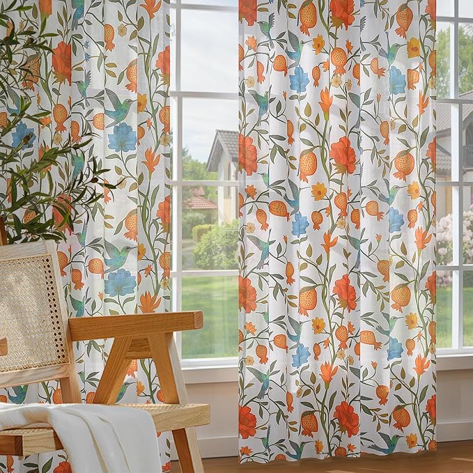White Floral Linen Curtains, Boho Whimsical Bird Print Curtains by JOOJA