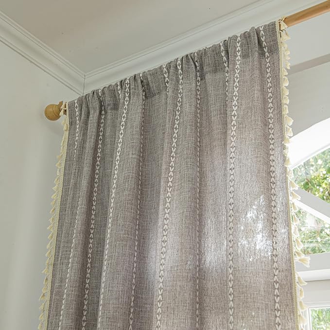 Sutuo Home Boho Curtains for Bedroom Living Room, Semi Blackout Linen Farmhouse - Image 4