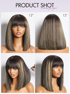 LUVME HAIR 12 Inch Blonde Highlight Bob Human Hair Wig with Bangs Glueless HD Lace Bang Wig True Scalp Ready to Go Silky Straight Highlight Human Hair Short Wig with Bangs (Breathable Cap)
