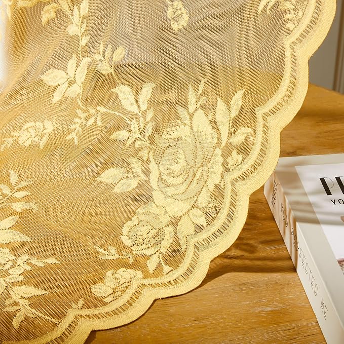 Earth Yellow Lace Curtains 45 Inch Length 2 Panels Set Country Flower Sheer - Image 7