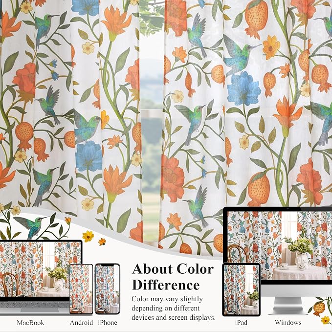White Floral Linen Curtains, Boho Whimsical Bird Print Curtains - Image 7
