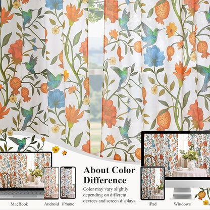 White Floral Linen Curtains, Boho Whimsical Bird Print Curtains - Image 7