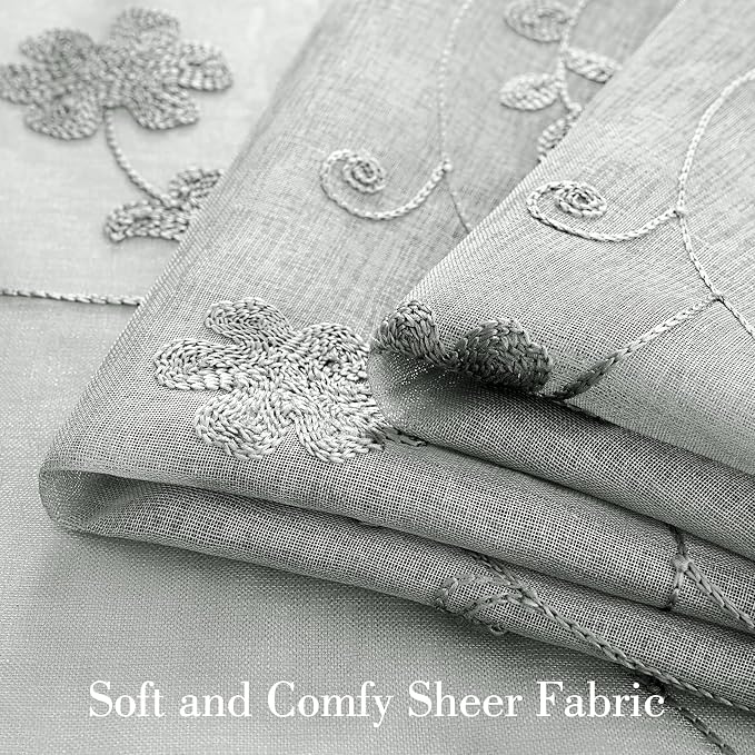 HOMEIDEAS Grey Sheer Curtains 84 Inches Long 2 Panels Embroidered Floral - Image 3