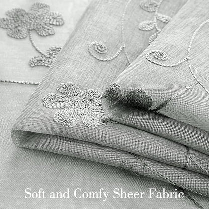 HOMEIDEAS Grey Sheer Curtains 96 Inches Long 2 Panels Embroidered Floral - Image 3
