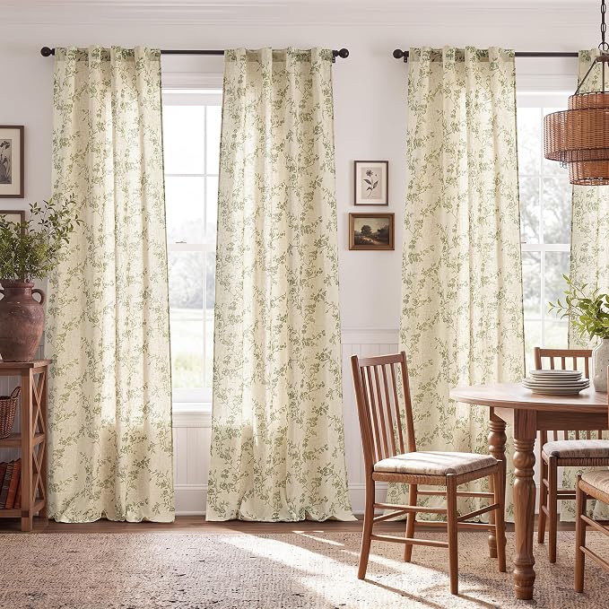 jinchan Green Floral Linen Curtains 96 Inch Flower Drapes Back Tab 2 Panels | - Image 3
