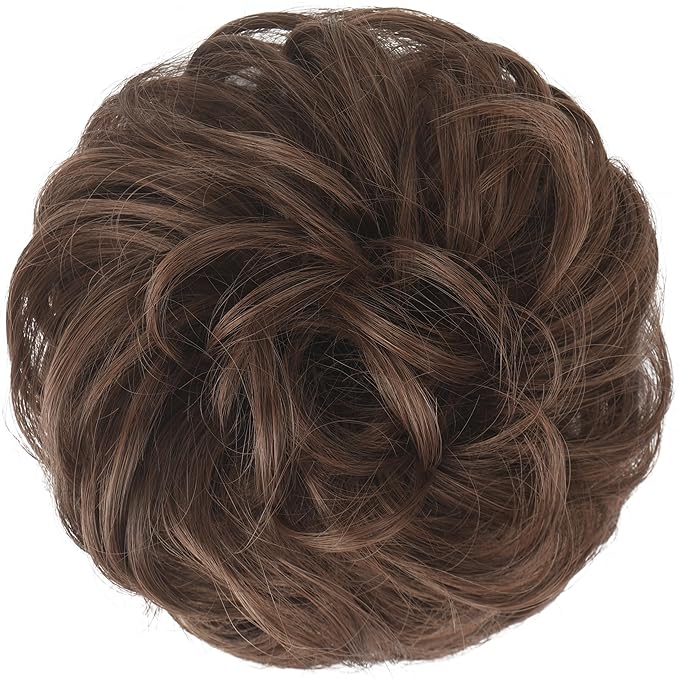 FESHFEN Messy Bun Hair Piece - Elastic Wavy Curly Hair Bun Scrunchies Extensions Synthetic Chignon Hairpieces for Women Girls, Brunette Brown 1.5 oz