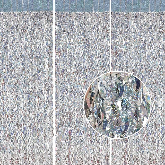 Silver Tinsel Backdrop- CYLMFC 3 Pack 3.3 ft x 6.6 ft Streamer Foil Fringe by CYLMFC