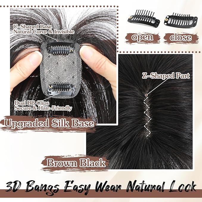 Hair Toppers for Women Real Human Hair - 360° Coverage Black Clip In Topper with Bangs for Thinning Hair Upgraded 4×6 cm Silk Base Ideal for Everyday Use