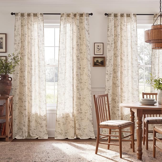 jinchan Taupe Floral Linen Curtains 108 Inch Farmhouse Back Tab 2 Panels | - Image 3