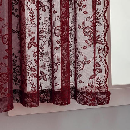Short Burgundy Lace Curtains Rustic Leaf Floral W42 x L45 Inch 2 Panels | Rod - Image 4