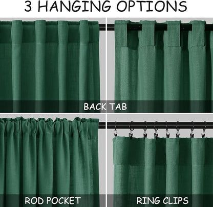 Dark Green Linen Curtains for Living Room 63 Inches Long 2 Panel Set Light - Image 2