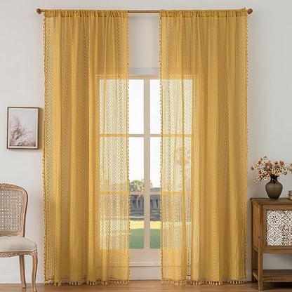 WAZZIO Boho Lace Curtains 72 Inches 2 Panel, Light Filtering Privacy Tassel & by WAZZIO