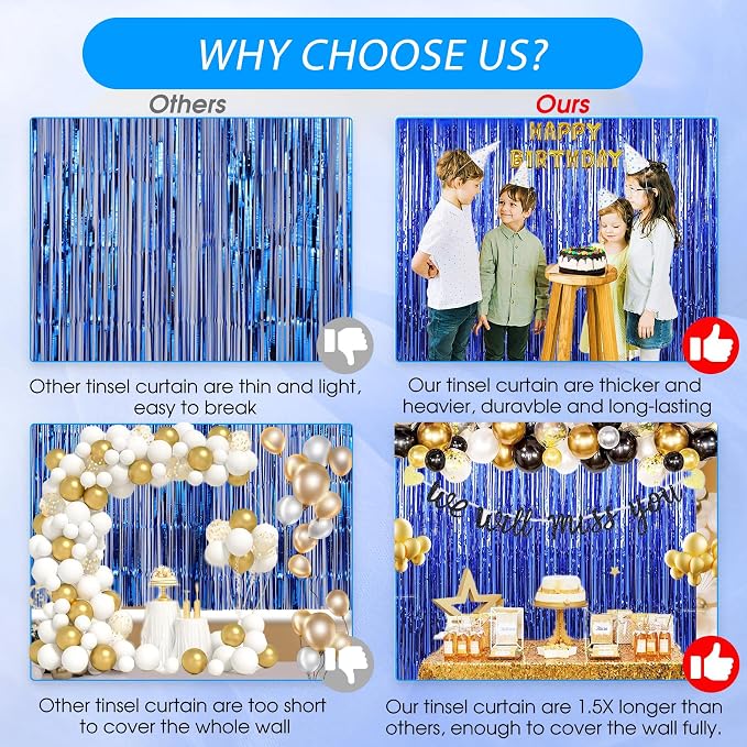Birthday Party Decorations| 3 Pack 3.3 x 9.9 ft Blue Foil Fringe Curtains Party - Image 3