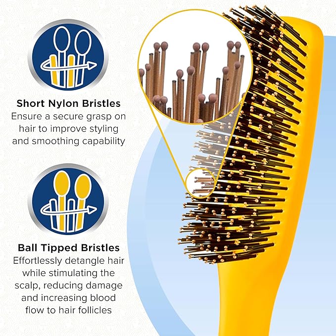 Giorgio GION1O Neon Orange 7.75 inch Gentle Touch Detangler Hair Brush for Men and Women. Soft Bristles for Sensitive Scalp. Wet and Dry for all Hair Types. Scalp Massager Brush Stimulate Hair Growth