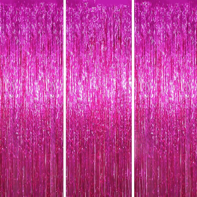 Voircoloria Pink Foil Fringe Backdrop Curtains, 3 Pack | Tinsel Streamers by Voircoloria