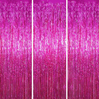 Voircoloria Pink Foil Fringe Backdrop Curtains, 3 Pack | Tinsel Streamers by Voircoloria