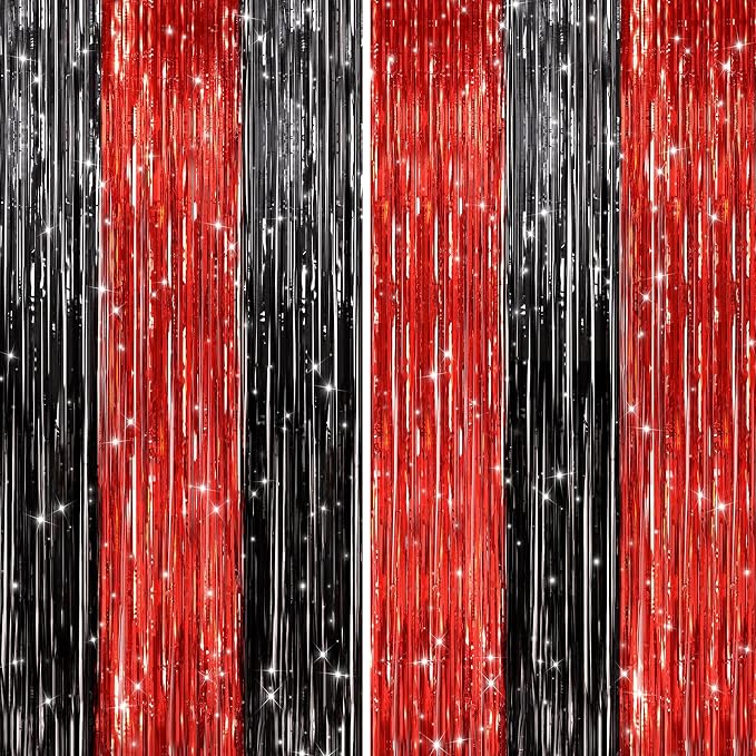 2 Pack Black and Red Foil Fringe Curtains Party Decorations, Tinsel Curtain - Image 7
