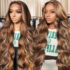 30 Inch Highlight Ombre 13x6 Lace Front Wig Human Hair 210 Density Body Wave Honey Blonde Glueless HD Transparent Lace Frontal Wigs for Women 4/27 Colored