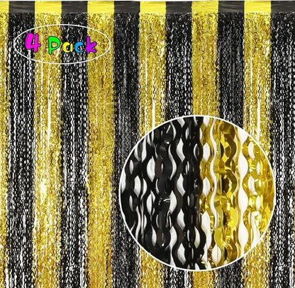 KEEUH 4 Pack Black and Gold Wavy Foil Fringe Curtains Pirthday Decorations - Image 2