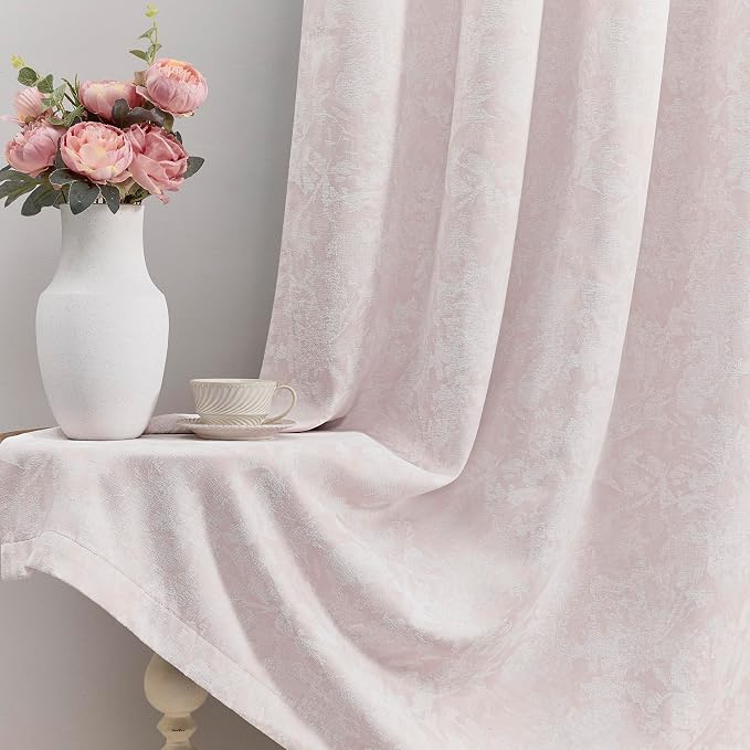 Beauoop Pink Floral Jacquard Blackout Curtains by Beauoop