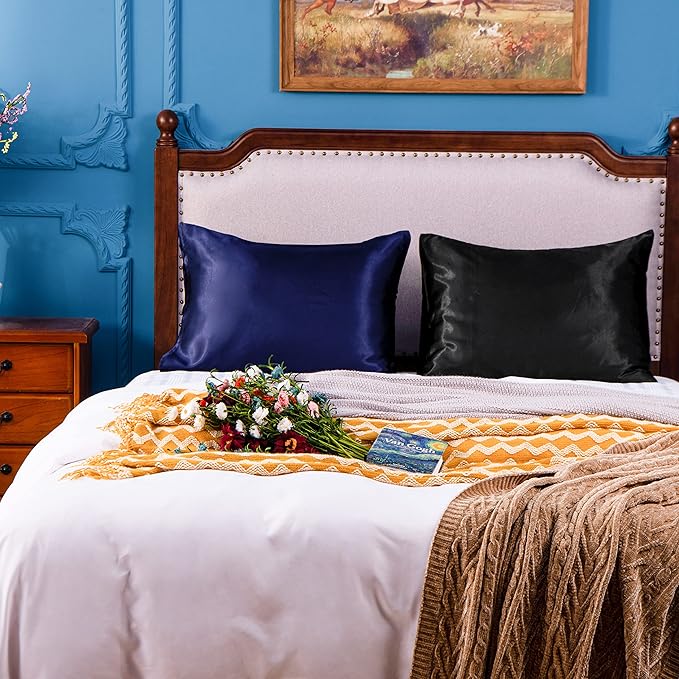 NTBAY 12 Pack Satin King Pillowcases for Hair and Skin, Luxurious and Silky Pillow Cases with Envelope Closure, 20 x 36 Inches, Navy Blue