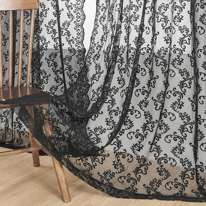 Black Lace Curtains 96 Inches Long 2 Panels Vintage French Floral Sheer - Image 2