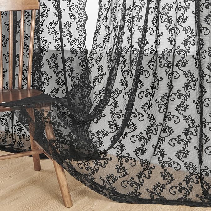 Black Lace Curtains 63 Inch Length 2 Panels set Gothic Paisley Sheer Curtains - Image 3