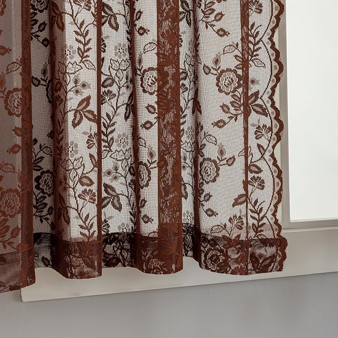 FINECITY Chestnut Brown Sheer Curtains Leaf Floral W42 x L36 Inch, 2 Panels | - Image 4