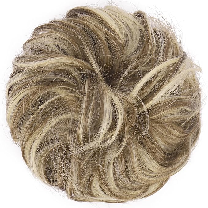 FESHFEN Messy Bun Hair Piece - Large Elastic Wavy Curly Hair Bun Scrunchies Ponytail Extensions Synthetic Chignon Hairpieces for Women, Brunette & Blonde 1.94oz