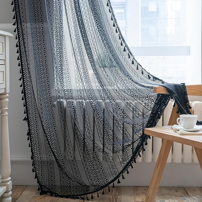 Sutuo Home Black Boho Curtain for Halloween Decor, Sheer Crochet Lace Handmade by SutuoHome