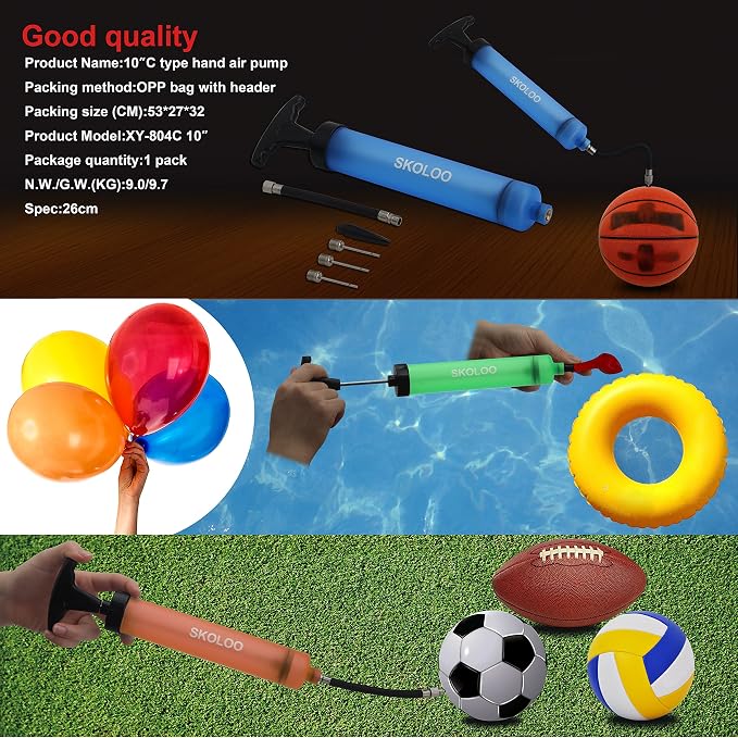 SKOLOO 10" Portable Hand Air Ball Pump Inflator Kit - Image 5