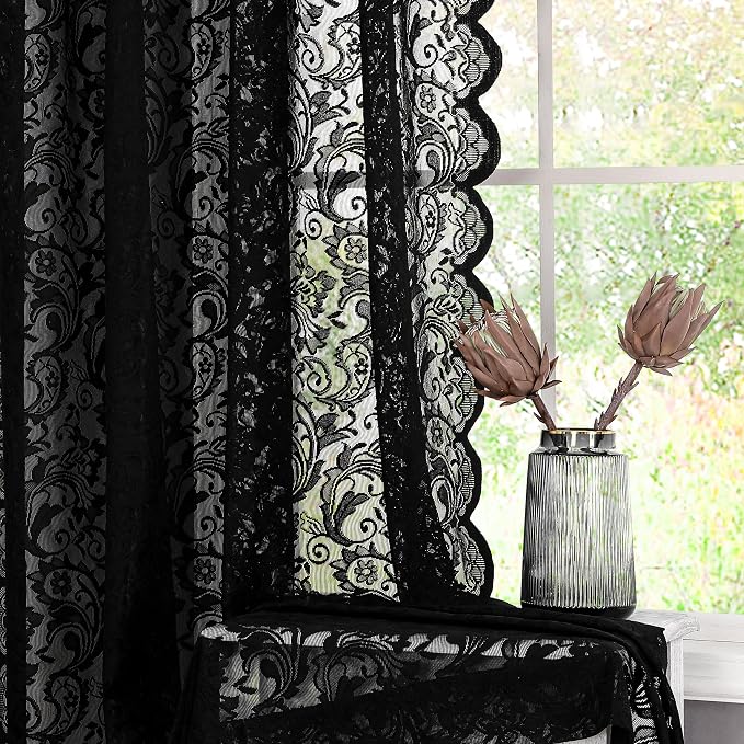 Bujasso Black Lace Pinch Pleat Curtains 102 inch, Gothic Vintage Floral Sheer - Image 2