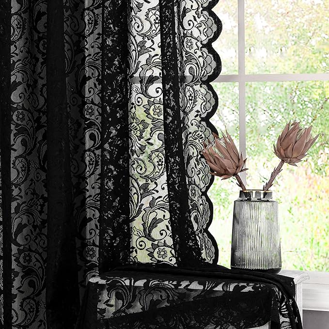 Bujasso Black Lace Pinch Pleat Curtains 63 inch, Gothic Vintage Floral Sheer - Image 3