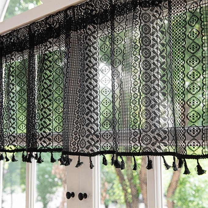 Sutuo Home Black Boho Valance Curtains Crochet Lace Sheer Bohemian Hollow - Image 3