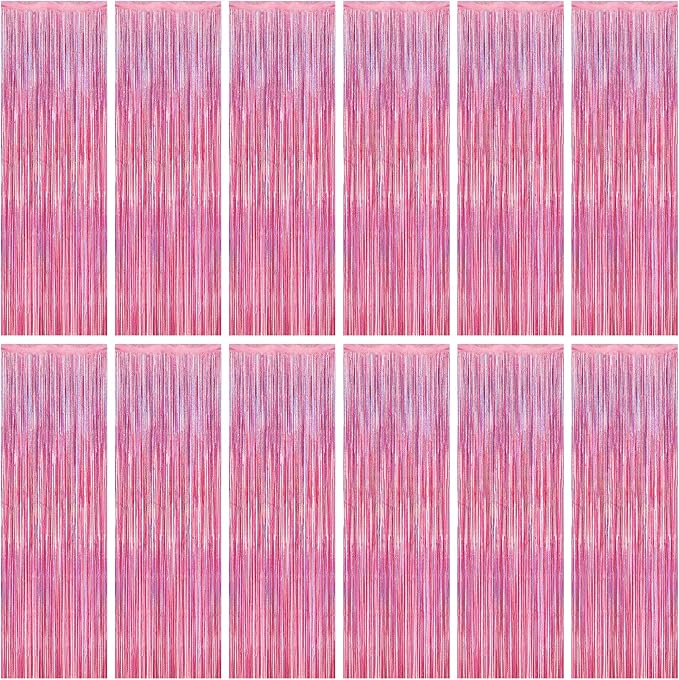 12 Pack Pink Backdrop, 3.28 FT x 7.05 FT Foil Streamers, Metallic Glitter by ZATAYE