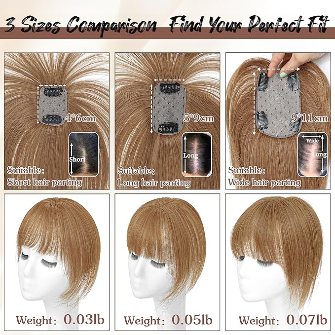 Hair Toppers for Women Real Human Hair - 360° Coverage Light Brown Clip In Topper with Bangs for Thinning Hair Upgraded 4×6 cm Silk Base Ideal for Everyday Use