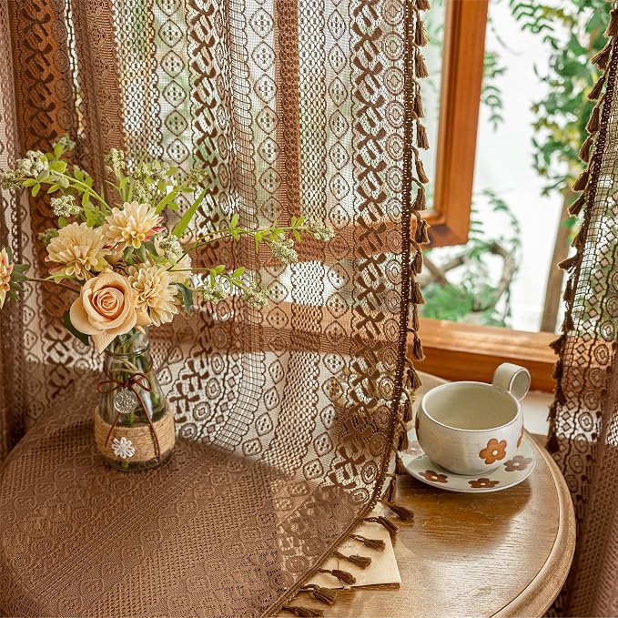 Sutuo Home Dark Coffee Boho Lace Curtains 108 inches Long - Image 8