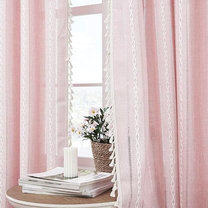 Linen Boho Pink Embroidered Curtains - Image 4