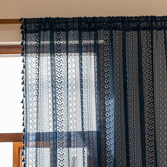 Sutuo Home Navy Blue Boho Lace Curtains - Image 4